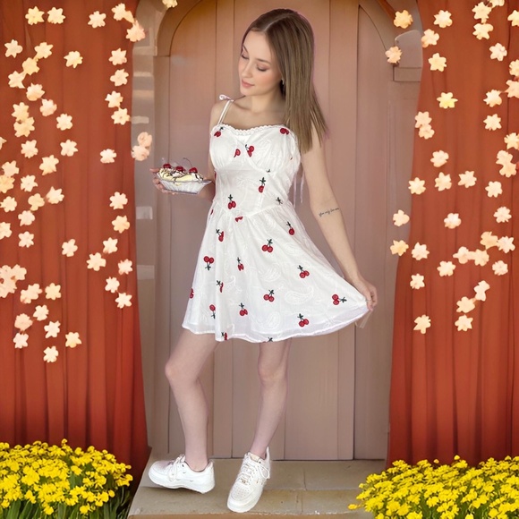 NEW Cherry print dress sundress summer dress cute dresses white dresses cherry d - Picture 3 of 3
